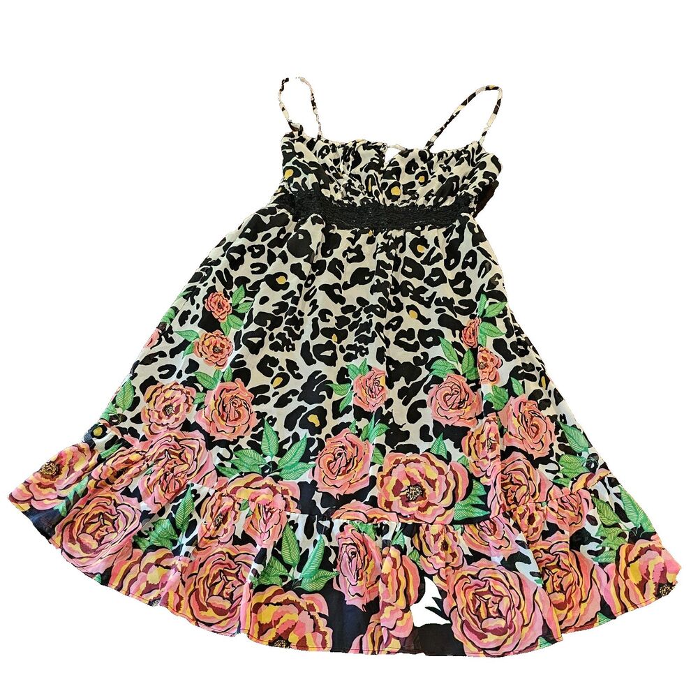 FOREVER21 leopard floral slip dress ruffle hem spaghetti strap boho size M